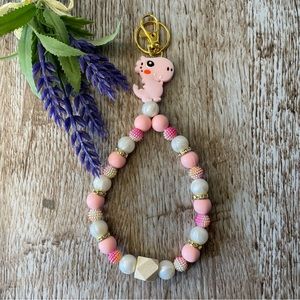 Wristlet Dino Pink Keychain Silicone Beaded Handcrafted Bracelet Gift Custom Key